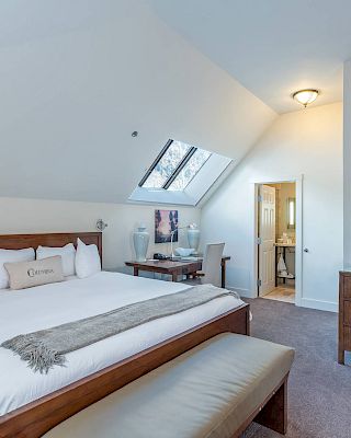 A Hotel Columbia Telluride bedroom with a large bed, skylight window, TV, and en-suite entrance.