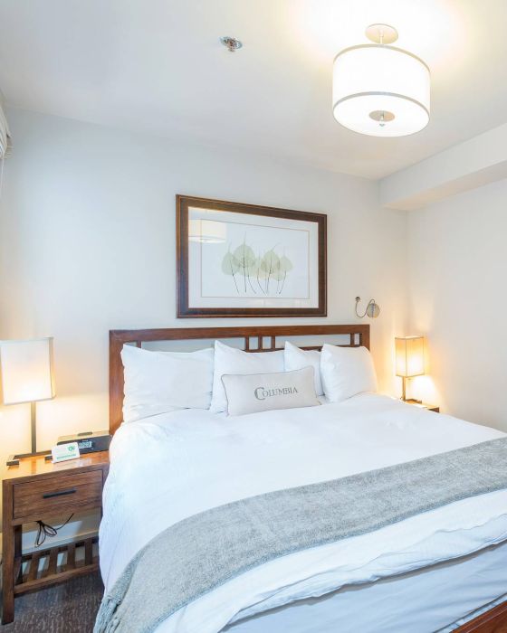 A neat, well-lit hotel room with a large bed, nightstands, lamps, artwork, a mirror, and a TV.