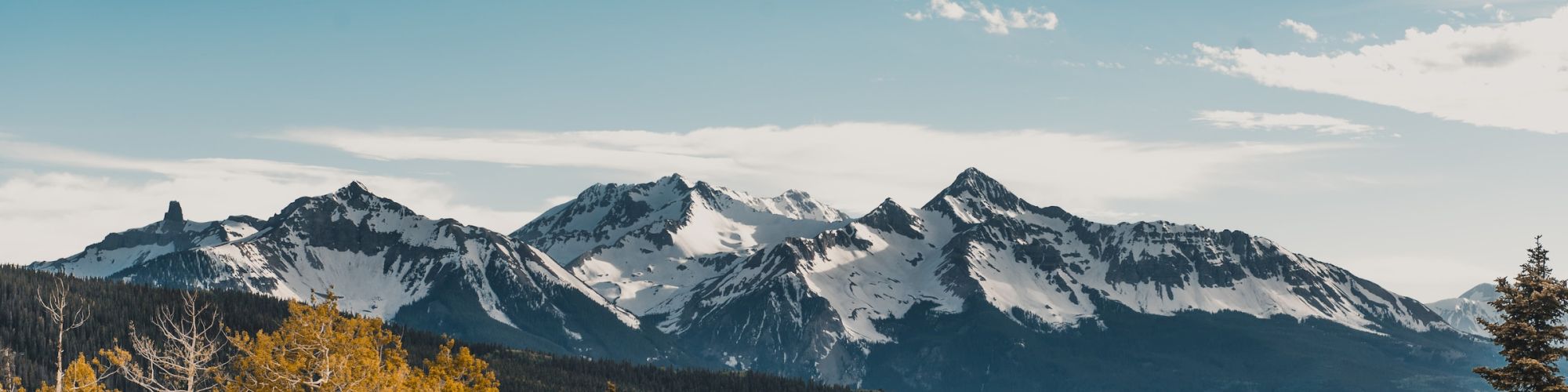 Snowy mountains behind a forest under a blue sky.