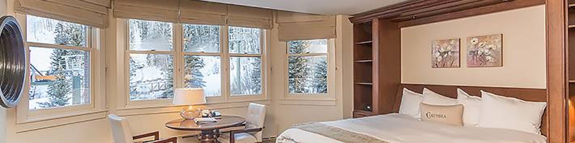 Cozy Hotel Columbia Telluride room with a bed, desk, ceiling light, and window view.