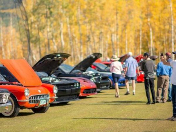 Outdoor car show with vintage vehicles and onlookers enjoying a sunny day.