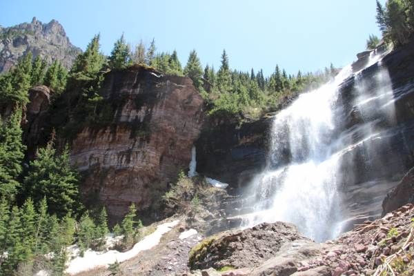 A picturesque waterfall cascades down a rocky cliff surrounded by lush greenery and clear skies.