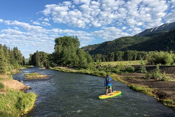 A person paddleboarding on a river with trees and mountains in the background.