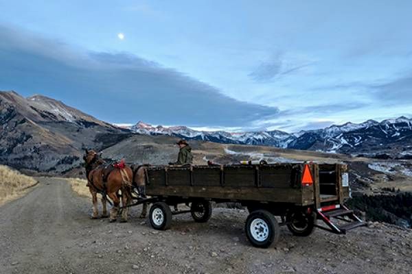 A horse-drawn wagon on a mountain road with a person and a moonlit sky.