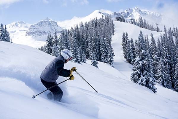 A skier descends a snowy slope with trees and mountains in the background.