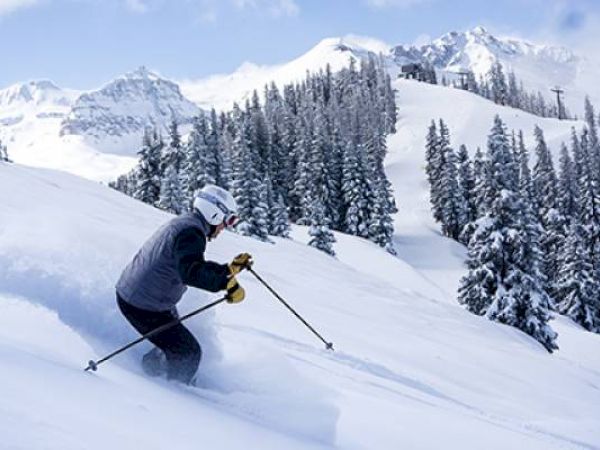 A skier descends a snowy slope with trees and mountains in the background.