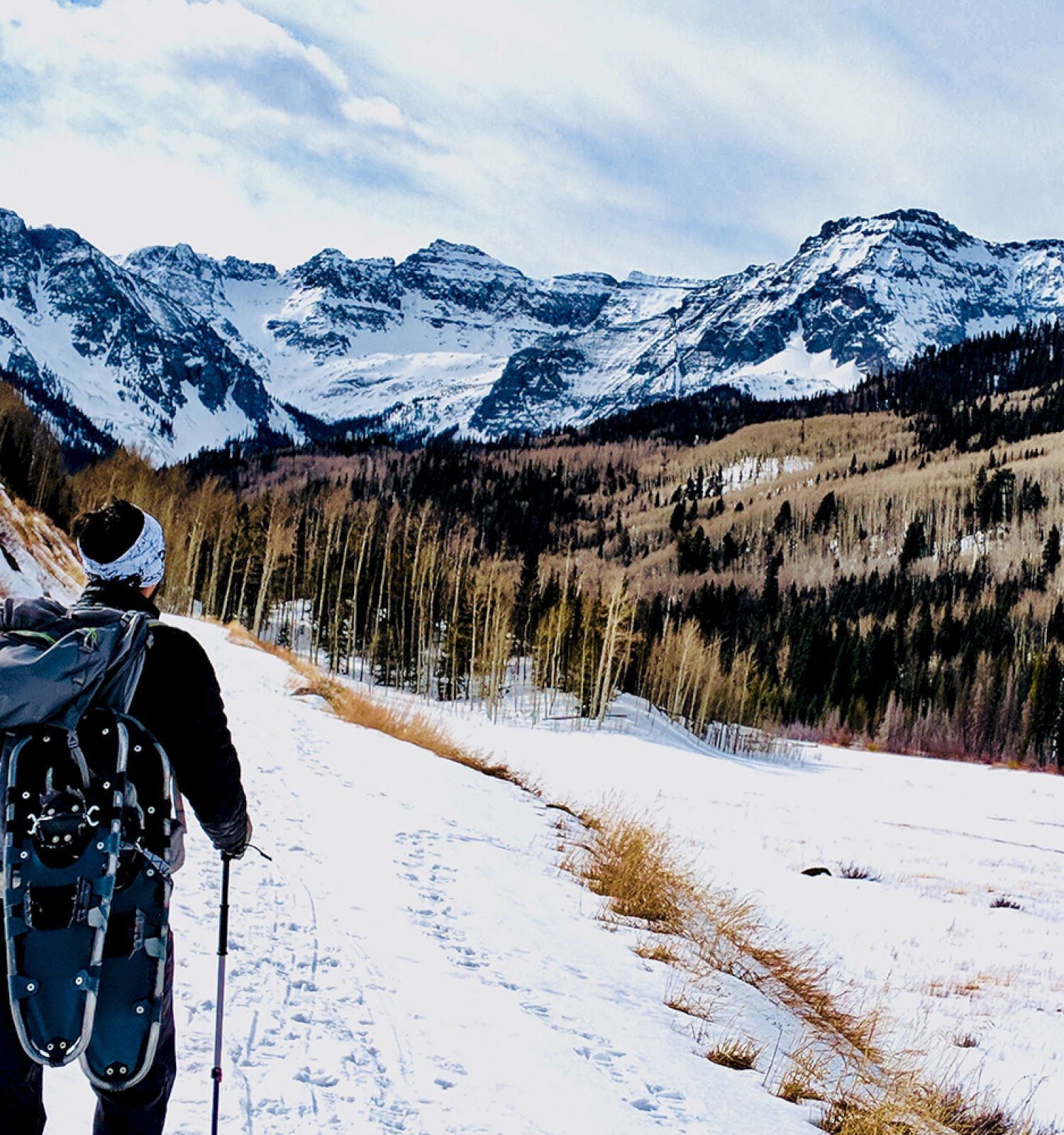 A person with a backpack and snowshoes stands on a snowy path, facing mountains in the distance, surrounded by trees and a clear sky.