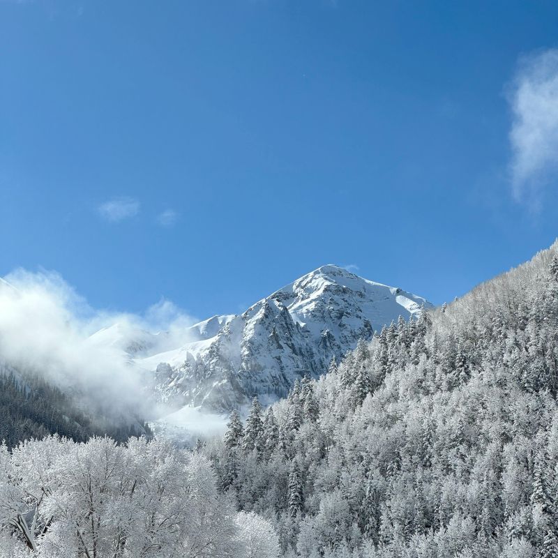 Snow-covered mountain under a clear blue sky, surrounded by frosted trees and some clouds.