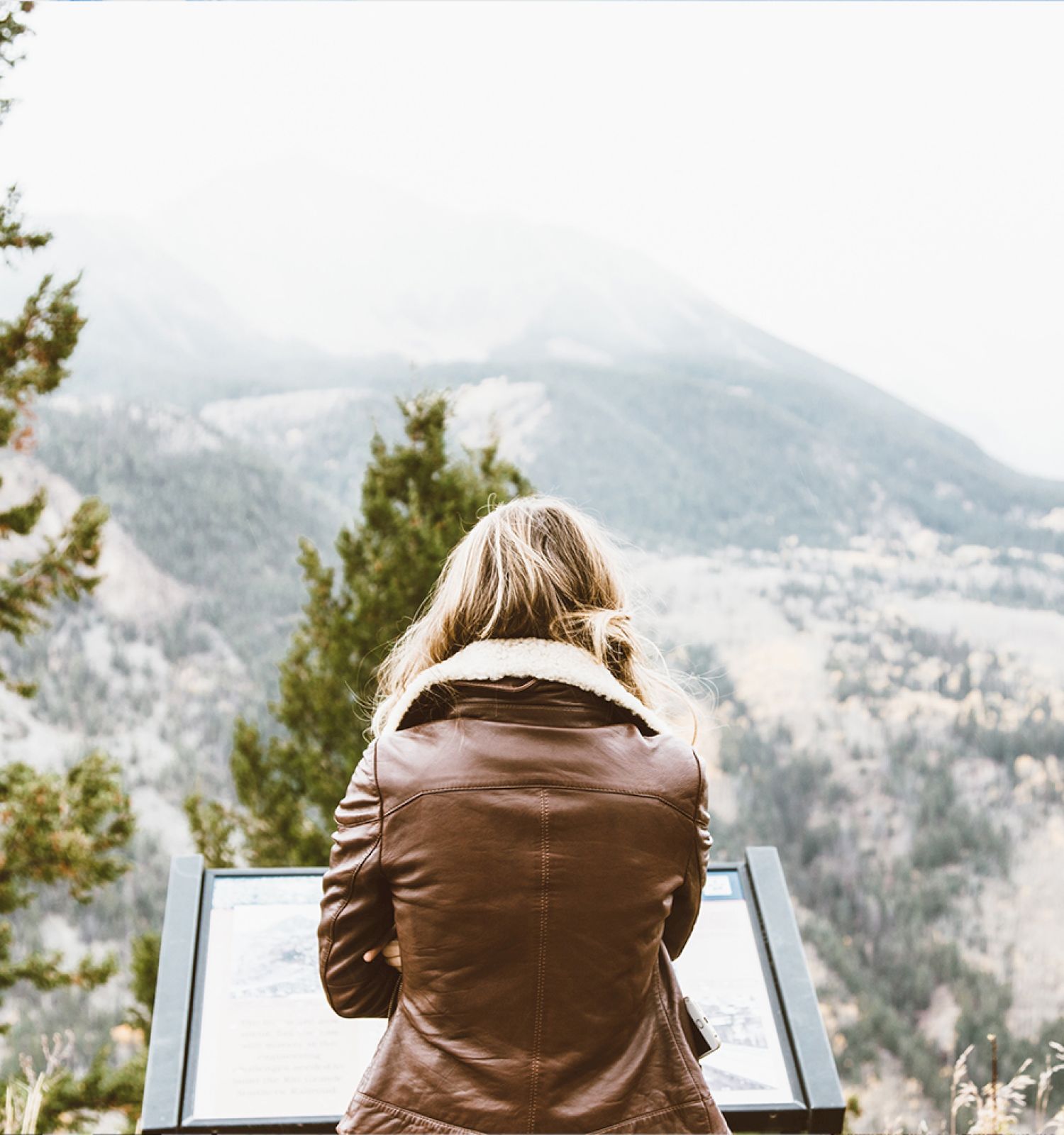 A person in a brown jacket stands at an information sign, overlooking a scenic mountainous landscape surrounded by trees under cloudy skies.