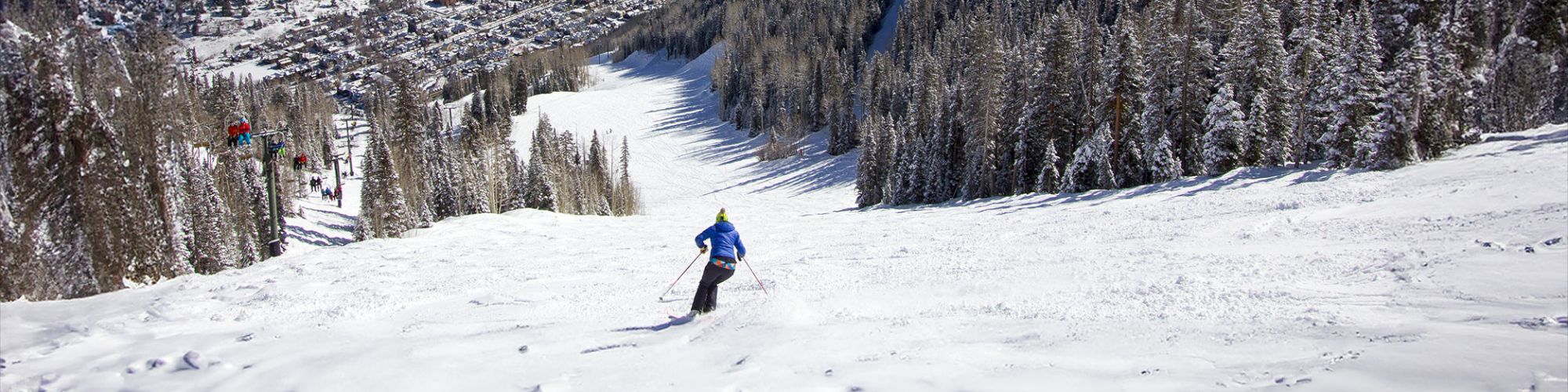 A person skiing down a snowy slope surrounded by pine trees, with a mountainous landscape and a town in the valley below under a blue sky.